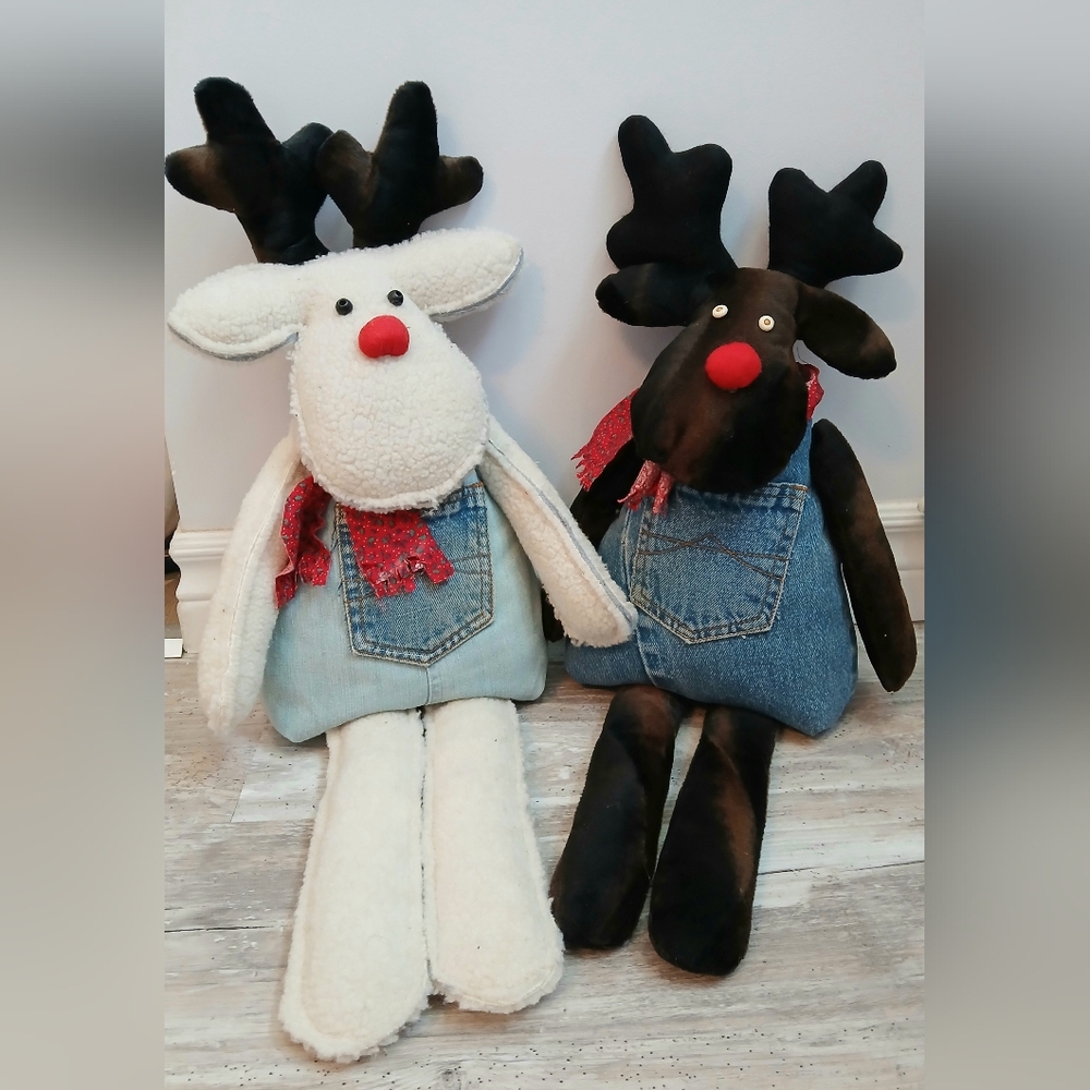 ​Set of 2 Handmade Christmas Reindeer Door Stops Plush Denim Folk Art Decor